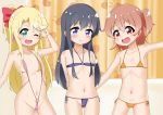  3girls :3 absurdres armpits bikini black_hair blonde_hair blue_bikini blue_eyes blush breasts brown_hair cameltoe closed_mouth covered_nipples eyebrows_visible_through_hair fang green_eyes groin hair_ornament hair_ribbon highres himesaka_noa hoshino_hinata kurosu_(z-nd) long_hair looking_at_viewer micro_bikini multiple_girls navel one_eye_closed open_mouth orange_bikini pink_swimsuit ponytail red_eyes ribbon shiny shiny_hair shirosaki_hana short_hair slingshot_swimsuit small_breasts smile swimsuit swimwear v watashi_ni_tenshi_ga_maiorita! 