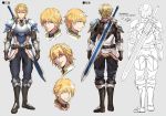 1boy armor armored_boots belt belt_pouch blonde_hair blue_eyes boots breastplate character_sheet commentary ex_albio expressions from_behind full_body gauntlets gloves grey_background kei-suwabe knight male_focus multiple_views nijisanji official_art pants pouch shoulder_armor simple_background sketch smile standing sword two-handed_sword vambraces weapon 