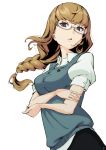  1girl braid breasts brown_eyes brown_hair glasses grey_vest hamakado_mondo highres kiznaiver large_breasts long_hair maki_honoka open_mouth school_uniform shirt short_sleeves single_braid sweater_vest vest white_shirt 