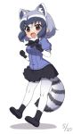  1girl :o animal_ear_fluff animal_ears black_footwear black_gloves black_hair black_legwear black_neckwear black_skirt blue_shirt bow bowtie breasts brown_eyes common_raccoon_(kemono_friends) dated elbow_gloves extra_ears eyebrows_visible_through_hair fang full_body fur_collar gloves grey_hair highres kemono_friends looking_at_viewer medium_breasts medium_hair multicolored_hair open_mouth pantyhose pleated_skirt puffy_short_sleeves puffy_sleeves raccoon_ears raccoon_tail ransusan shirt shoes short_sleeves simple_background skirt solo standing striped_tail tail white_background white_gloves white_hair white_legwear 