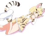  1girl :/ animal_ear_fluff animal_ears bare_shoulders blonde_hair bow cat_ears cat_tail elbow_gloves extra_ears eyebrows_visible_through_hair eyes_visible_through_hair foot_up from_behind gloves ilyfon133 kemono_friends large_bow looking_at_viewer looking_back lying on_stomach print_bow print_gloves print_legwear sand_cat_(kemono_friends) sand_cat_print shirt shoes short_hair simple_background sleeveless sleeveless_shirt socks solo tail waist_bow white_background white_footwear white_shirt yellow_eyes 