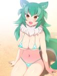 1girl :d alternate_color animal_ear_fluff animal_ears aqua_bikini aqua_hair arms_at_sides bangs bare_arms bare_shoulders bikini blush breasts brown_eyes character_request cleavage eyebrows_visible_through_hair fang highres kemono_friends large_breasts long_hair looking_at_viewer micro_bikini navel on_ground open_mouth plaid plaid_bikini sand sitting skindentation smile solo swimsuit tail thighhighs totokichi 