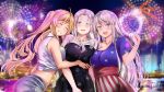  3girls azur_lane bangs blonde_hair blue_eyes blush breasts casual cleavage enterprise_(azur_lane) fireworks flag_print highres hornet_(azur_lane) large_breasts long_hair medium_breasts midriff multiple_girls purple_eyes silver_hair sleeveless smile tnolize twintails very_long_hair yorktown_(azur_lane) 