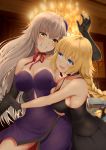  2girls :d black_bow black_dress black_gloves blonde_hair blue_eyes blurry blurry_background bow braided_ponytail breasts choker cleavage clenched_teeth collarbone dress elbow_gloves evening_gown fate/grand_order fate_(series) floating_hair gloves hair_bow hair_ornament highres indoors jeanne_d&#039;arc_(alter)_(fate) jeanne_d&#039;arc_(fate) jeanne_d&#039;arc_(fate)_(all) large_breasts long_hair multiple_girls open_mouth ponytail primamiya purple_dress red_ribbon ribbon ribbon_choker short_dress sideboob silver_hair sleeveless sleeveless_dress smile standing strapless strapless_dress teeth very_long_hair yellow_eyes 