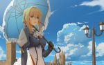  1girl bird blonde_hair blue_eyes blue_jacket blue_sky braid brooch brown_gloves building cloud french_braid gloves hair_between_eyes hair_intakes hair_ribbon highres holding holding_umbrella jacket jewelry parasol parted_lips red_ribbon ribbon sidelocks sky tienao umbrella violet_evergarden violet_evergarden_(character) white_neckwear 