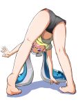  1girl ass bangs barefoot bent_over bike_shorts black_shorts blue_hair blunt_bangs gym_shorts heel_up highres inkling kneepits legs light_blush long_hair looking_at_viewer looking_through_legs open_mouth pointy_ears purple_eyes shadow shirt short_shorts shorts simple_background solo splatoon_(series) standing tentacle_hair toraneko555 white_background yellow_shirt 