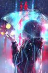  1girl blue_hair blurry blurry_background english_commentary highres jacket long_hair multicolored_hair night original rain see-through solo standing umbrella upper_body watermark web_address wenqing_yan wet 