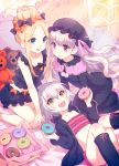  3girls :d abigail_williams_(fate/grand_order) bangs bare_arms bare_shoulders bed_sheet black_bow black_dress black_headwear black_jacket black_legwear black_shirt blonde_hair blue_eyes blush bow closed_mouth commentary_request diagonal_stripes doughnut dress eyebrows_visible_through_hair fate/extra fate/grand_order fate_(series) food frilled_pillow frills green_eyes hair_between_eyes hair_bow hat holding holding_food hood hood_down hooded_jacket jack_the_ripper_(fate/apocrypha) jacket kneehighs long_hair long_sleeves mob_cap multiple_girls nishimura_eri nursery_rhyme_(fate/extra) open_clothes open_jacket open_mouth orange_bow parted_bangs pillow polka_dot polka_dot_bow red_eyes shirt short_shorts shorts sidelocks silver_hair sleeveless sleeveless_shirt smile striped striped_shorts stuffed_animal stuffed_toy teddy_bear very_long_hair 