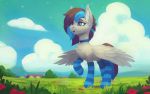  2019 animated blue_eyes cutie_mark day detailed_background digital_media_(artwork) equid equine fan_character feathered_wings feathers female feral grass mammal my_little_pony outside pterippus rodrigues404 smile solo wings 