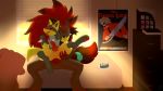  16:9 2017 4k absurd_res anal animal_genitalia animal_penis anthro balls bed bedroom biting_hair blush canine_penis chair_position duo erection from_behind_position fur grey_fur hi_res inside knot lube lucario male male/male nintendo on_bed pawpads paws penis pok&eacute;mon pok&eacute;mon_(species) poster red_penis sex shiny_pok&eacute;mon size_difference theskeleton tongue tongue_out video_games yellow_fur zoroark 
