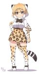  1girl animal_ear_fluff animal_ears bangs belt black_bow black_neckwear blonde_hair bow bow_footwear bowtie breasts brown_eyes center_frills dated elbow_gloves eyebrows_visible_through_hair full_body fur_collar gloves gradient_hair hand_up high-waist_skirt highres jaguar_(kemono_friends) jaguar_ears jaguar_print jaguar_tail kemono_friends large_breasts looking_at_viewer multicolored_hair pleated_skirt print_gloves print_legwear print_skirt ransusan shirt shoes short_hair short_sleeves simple_background skirt smile solo standing tail thighhighs white_background white_footwear white_hair white_shirt zettai_ryouiki 