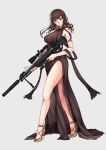  1girl absurdres armlet assault_rifle bangs bare_legs bare_shoulders breasts brown_hair choker cleavage commentary dress dsr-50_(girls_frontline) dsr-50_(weapon) full_body girls_frontline grey_background gun high_heels highres holding holding_weapon jewelry kizuchi_r large_breasts long_hair looking_at_viewer necklace red_eyes rifle side_slit signature solo very_long_hair weapon 