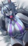  accessory ahoge anthro bed big_breasts blue_eyes blue_hair blush bra breasts canid canine canis chest_tuft clothed clothing condom condom_in_mouth dutch_angle female fur grey_fur hair hair_accessory hairclip hi_res high-angle_view huge_breasts kemono legwear looking_at_viewer mammal multicolored_fur nukochi on_bed panties sitting skimpy smile solo stockings tuft two_tone_fur underwear voluptuous wolf 