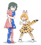  2girls american_flag american_flag_dress american_flag_legwear animal_ears artist_name bangs bare_shoulders blonde_hair blouse blue_eyes bow bowtie cat_ears clenched_hands clownpiece clownpiece_(cosplay) cosplay covering covering_crotch dress elbow_gloves embarrassed extra_ears eyebrows_visible_through_hair gloves hair_between_eyes high-waist_skirt highres kaban_(kemono_friends) kemono_friends multiple_girls open_mouth pantyhose serval_(kemono_friends) serval_ears serval_print serval_tail skirt smile sweat tail twitter_username vibrantrida white_background yellow_eyes 