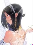  1girl bare_shoulders black_hair blush circlet dark_skin ear_piercing earrings eyebrows_visible_through_hair headwear jewelry long_hair looking_at_viewer mole mole_under_mouth neck_ring nose_piercing original parted_lips piercing purple_eyes see-through solo tonito 