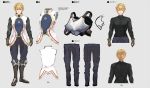  1boy armor_removed armored_boots black_shirt boots breastplate brown_footwear brown_gloves character_sheet ex_albio full_body gloves grey_background kei-suwabe long_sleeves male_focus multiple_views nijisanji official_art pants shirt simple_background sketch standing vest 