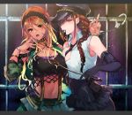  2girls arms_around_waist bangs black_neckwear blonde_hair bracelet braid breasts brown_eyes brown_hair camouflage_jacket choker cleavage crop_top cuffs elbow_gloves finger_to_cheek frills gloves hair_between_eyes hairband handcuffs hat idolmaster idolmaster_shiny_colors izumi_mei jewelry kuwayama_chiyuki large_breasts long_hair middle_finger midriff multiple_girls nail_polish navel necklace open_clothes open_mouth open_shirt peaked_cap prison prison_cell ribbon shirt shotan single_braid skirt sleeveless sleeveless_shirt suspender_skirt suspenders tan white_shirt 