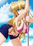  1girl ahoge arisa_bannings bikini blonde_hair blue_eyes blush breasts cleavage cloud cloudy_sky collarbone covered_nipples eyebrows_visible_through_hair highres large_breasts long_hair looking_at_viewer lyrical_nanoha mahou_shoujo_lyrical_nanoha midriff navel open_mouth pink_bikini pole shiny shiny_hair shiny_skin short_shorts shorts sky smile solo swimsuit swimwear tappa_(esperanza) 