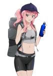  1girl :d backpack bag baseball_cap bike_shorts black_headwear black_shorts bottle breasts cleavage collarbone cowboy_shot crop_top hat holding holding_bottle long_hair looking_at_viewer louise_francoise_le_blanc_de_la_valliere midriff navel open_mouth pink_eyes pink_hair ponytail rizuta shiny shiny_skin short_shorts shorts sidelocks simple_background sleeveless small_breasts smile solo standing stomach white_background zero_no_tsukaima 