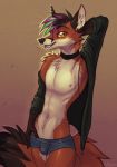  2019 anthro black_nose canid canine clothed clothing fox looking_at_viewer male mammal navel nipples orange_eyes simple_background smile solo teeth zenirix 