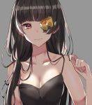  1girl aogisa black_dress black_hair breasts cleavage dress flower girls_frontline grey_background highres long_hair one_eye_covered red_eyes ro635_(girls_frontline) rose solo yellow_flower 