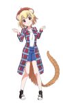  1girl alternate_costume beret black_footwear blonde_hair blue_shorts boots brown_eyes clenched_hands eyebrows_visible_through_hair full_body giant_pangolin_(kemono_friends) hands_up hat ilyfon133 kemono_friends long_sleeves looking_at_viewer pangolin_ears pangolin_tail shirt short_hair shorts simple_background smile socks solo standing white_background white_shirt 