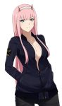  1girl black_jacket black_pants breasts cleavage closed_mouth collarbone cowboy_shot darling_in_the_franxx green_eyes hairband hands_in_pockets horns jacket large_breasts long_hair long_sleeves looking_at_viewer makeup mascara open_clothes open_jacket pants partially_unzipped pink_hair rizuta shiny shiny_hair simple_background smile solo standing straight_hair thigh_gap very_long_hair white_background white_hairband zero_two_(darling_in_the_franxx) 