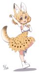  1girl :d animal_ear_fluff animal_ears armpits bangs blonde_hair boots bow bowtie breasts dated elbow_gloves extra_ears eyebrows_visible_through_hair fang full_body gloves hair_between_eyes high-waist_skirt highres kemono_friends looking_at_viewer medium_breasts medium_hair no_legwear open_mouth orange_eyes outstretched_arm paw_pose print_gloves print_neckwear print_skirt ransusan serval_(kemono_friends) serval_ears serval_print serval_tail shirt simple_background skirt sleeveless sleeveless_shirt smile solo standing standing_on_one_leg tail v-shaped_eyebrows white_background white_footwear white_shirt 