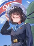  1girl ahoge belt belt_buckle black_hair brown_eyes buckle cloud from_below frown glasses hand_on_headwear hat highres korean_text looking_at_viewer looking_down navy north_korea north_korean_flag sailor sailor_collar sailor_hat semi-rimless_eyewear short_hair sky solo tuzik10 under-rim_eyewear upper_body 