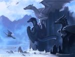  2019 4:3 ambiguous_gender chromamancer day detailed_background digital_media_(artwork) dragon feral group hi_res horn membrane_(anatomy) membranous_wings outside scalie sky water western_dragon wings 