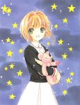  1girl brown_hair cardcaptor_sakura clamp eyebrows_visible_through_hair green_eyes highres holding kinomoto_sakura open_mouth short_hair smile solo star starry_background stuffed_animal stuffed_toy teddy_bear uniform 