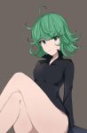  1girl black_dress closed_mouth crossed_legs dress eyebrows_visible_through_hair green_eyes green_hair grey_background long_sleeves looking_at_viewer medium_hair one-punch_man rizuta shiny shiny_skin simple_background solo tatsumaki 