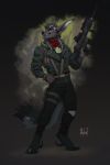  2019 anthro black_nose black_sclera canid canine canis clothed clothing digital_media_(artwork) fur gun hair hi_res hitmore holding_object male mammal piercing ranged_weapon simple_background smile solo standing teeth weapon 