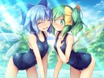  2girls ^_^ ass bangs bare_arms bare_shoulders blue_bow blue_hair blue_sky blue_swimsuit blush bow breasts chima_q cirno closed_eyes cloud collarbone commentary_request covered_nipples cowboy_shot daiyousei day eyebrows_visible_through_hair facing_another fairy_wings green_eyes green_hair hair_between_eyes hair_bow hand_on_own_chest highres ice ice_wings leaning_forward light_rays multiple_girls nose_blush one-piece_swimsuit open_mouth outdoors school_swimsuit shiny shiny_clothes short_hair side_ponytail skindentation sky small_breasts smile standing sweat swimsuit thighs touhou tree v_arms wings yellow_bow 