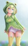  1girl animal_hood ass_visible_through_thighs blue_eyes breasts buttons closed_mouth collarbone commentary_request frog_hood green_hair green_jacket hair_ornament hair_over_shoulder hood hooded_jacket jacket long_hair long_sleeves looking_at_viewer medium_breasts original rain sasaame school_swimsuit smile solo standing swimsuit thighhighs thighs water wet white_swimsuit yellow_legwear 