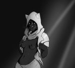  2019 abs absurd_res anthro athletic bethesda_softworks bottomwear breasts clothed clothing elder_scrolls_online felid feline female fur grey_background greyscale hi_res hood khajiit khamira mammal medium_breasts midriff monochrome nipples open_shirt sabrotiger simple_background solo the_elder_scrolls video_games whiskers 