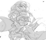  1boy 1girl atelier_(series) atelier_lulua boots braid card carrying circlet commentary_request ficus_finis greyscale hat jacket karasumi_(aiseec) long_hair monochrome open_mouth piana_(atelier) sweatdrop top_hat 