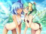  2girls ^_^ ass bangs bare_arms bare_shoulders bikini black_bikini blue_bow blue_hair blue_sky blush bow breasts chima_q cirno closed_eyes cloud collarbone commentary_request covered_nipples cowboy_shot daiyousei day eyebrows_visible_through_hair facing_another fairy_wings green_eyes green_hair hair_between_eyes hair_bow hand_on_own_chest highres ice ice_wings leaning_forward light_rays multiple_girls navel nose_blush open_mouth outdoors short_hair side-tie_bikini side_ponytail sky small_breasts smile standing stomach sweat swimsuit tan tanline tanned_cirno thighs touhou tree v_arms white_bikini wings yellow_bow 