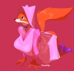  2019 all_fours anthro big_breasts biped breasts brown_nose canid canine clothing crackiepipe disney dress english_text female fluffy fluffy_tail footwear fox full-length_portrait fur hi_res high_heels huge_breasts jewelry kneeling long_tail maid_marian mammal necklace nervous orange_eyes orange_fur pink_clothing portrait purple_clothing purple_footwear red_background red_fox robin_hood_(disney) shoes signature simple_background smile solo text white_fur wide_hips 