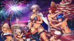  6+girls ahoge alternate_costume american_flag_bikini azur_lane bikini blonde_hair blue_eyes blue_hair breasts brooklyn_(azur_lane) commentary cross cross_necklace elbow_gloves english_commentary eyewear_on_head fine_art_parody fingerless_gloves fireworks flag_print gloves grey_hair hair_ornament hair_ribbon hat highres honolulu_(azur_lane) hybridmink jacket_on_shoulders jewelry large_breasts long_hair medium_breasts montpelier_(azur_lane) multiple_girls namesake navel necklace parody purple_eyes ranger_(azur_lane) red_eyes red_hair ribbon rowing short_hair st._louis_(azur_lane) straw_hat sunglasses swimsuit twintails underboob washington_(azur_lane) washington_crossing_the_delaware 