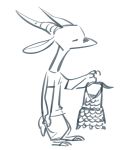  2018 antelope anthro biped blue_and_white blush bottomwear bovid clothed clothes_hanger clothing dress facial_markings fuel_(artist) fuel_(character) fully_clothed gazelle head_markings holding_clothing holding_object horn long_neck male mammal markings monochrome pants shirt simple_background sketch solo standing t-shirt topwear white_background 