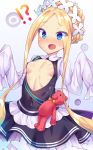  !? 1girl @_@ abigail_williams_(fate/grand_order) apron bangs black_skirt blonde_hair blue_eyes blush breasts butterfly_hair_ornament fang fate/grand_order fate_(series) hair_ornament maid maid_apron maid_dress maid_headdress open_clothes open_mouth parted_bangs skirt sleeves_past_fingers sleeves_past_wrists solo stuffed_animal stuffed_toy teddy_bear toraishi_666 