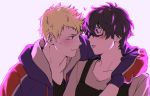  2boys amamiya_ren apron arm_around_shoulder backlighting black_hair blonde_hair blush glasses heart highres looking_at_another male_focus multiple_boys persona persona_5 persona_5_the_animation pink_background sakamoto_ryuuji simple_background yaoi 