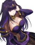 1girl arm_up bangs blunt_bangs bodystocking bodysuit breasts cape choker circlet cleavage covered_navel cowboy_shot dress expressionless fire_emblem fire_emblem:_kakusei fire_emblem_heroes gloves hair_ornament hand_in_hair highres jewelry kyufe large_breasts long_hair long_sleeves looking_at_viewer open_mouth purple_eyes purple_hair simple_background skin_tight solo tharja tiara two_side_up white_background 