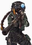  1girl ar-15 assault_rifle braided_ponytail commentary_request cosplay eyebrows_visible_through_hair eyepatch girls_frontline gloves gun handgun headphones holstered_weapon jackal_(rainbow_six_siege) m16a1_(girls_frontline) persocon93 pistol pouch rainbow_six_siege rifle scope solo spanish_commentary suppressor tactical_clothes weapon 