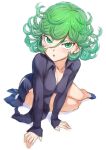  1girl bare_legs black_dress black_footwear breasts cleavage commentary_request curly_hair downblouse dress eyelashes flipped_hair full_body green_eyes green_hair hair_between_eyes highres looking_at_viewer lying medium_breasts mogudan on_side one-punch_man sleeves_past_wrists solo tatsumaki white_background 