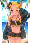  1girl abigail_williams_(fate/grand_order) akirannu bangs bare_shoulders beach bikini black_bikini black_bow black_jacket black_skirt blonde_hair blue_eyes blush bow breasts closed_mouth collarbone double_bun emerald_float fate/grand_order fate_(series) forehead frilled_bikini frills hair_bow heroic_spirit_traveling_outfit highres jacket licking_lips long_hair long_sleeves looking_at_viewer miniskirt navel ocean one_eye_closed open_clothes open_jacket orange_bow palm_tree parted_bangs skirt sleeves_past_fingers sleeves_past_wrists small_breasts smile solo sunlight swimsuit thighs tongue tongue_out tree wet 