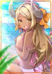  1girl :d ass bangs beach bikini_tan blonde_hair blue_sky blush breasts cloud covering covering_breasts day draph eyebrows_visible_through_hair fang granblue_fantasy highres horn_ribbon horns kuvira_(granblue_fantasy) large_breasts long_hair looking_at_viewer looking_back multicolored_hair ocean open_mouth outdoors parted_bangs pilokey pink_hair plaid plaid_ribbon pointy_ears ribbon sitting sky smile solo tan tanline topless two-tone_hair very_long_hair white_bikini_bottom yellow_eyes yellow_ribbon 