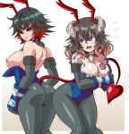  2girls antennae ass ass-to-ass back-to-back black_hair black_sclera bloodstained:_ritual_of_the_night blue_eyes blue_leotard bocodamondo breasts brown_hair bunny_girl bunnysuit choker collar commentary cosplay covering covering_breasts crossed_arms demon_girl demon_tail english_commentary fishnet_pantyhose fishnets gradient_hair grey_legwear hair_between_eyes highres horns large_breasts leotard lili_(bloodstained) lili_(bloodstained)_(cosplay) looking_back miriam_(bloodstained) multicolored_hair multiple_girls nipples one_breast_out pale_skin pantyhose prehensile_tail red_eyes red_hair strapless strapless_leotard studded_collar tail wardrobe_malfunction watch 