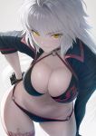  1girl ahoge breasts choker cleavage commentary commentary_request fate/grand_order fate_(series) from_above gloves hair_between_eyes hand_on_hip highres imizu_(nitro_unknown) jacket jeanne_d&#039;arc_(alter_swimsuit_berserker) jeanne_d&#039;arc_(fate)_(all) lace large_breasts long_hair long_sleeves looking_at_viewer monochrome navel o-ring o-ring_bikini o-ring_bottom open_clothes open_jacket shiny shiny_skin single_thighhigh smile solo thighhighs upper_body white_background yellow_eyes 